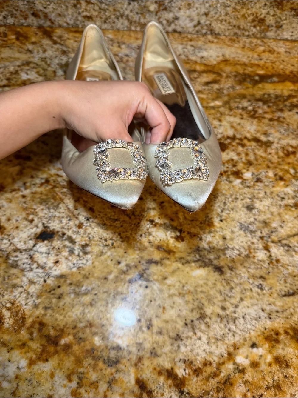 Badgley Mischka Ivory Satin Pointed Toe Embellished Pumps